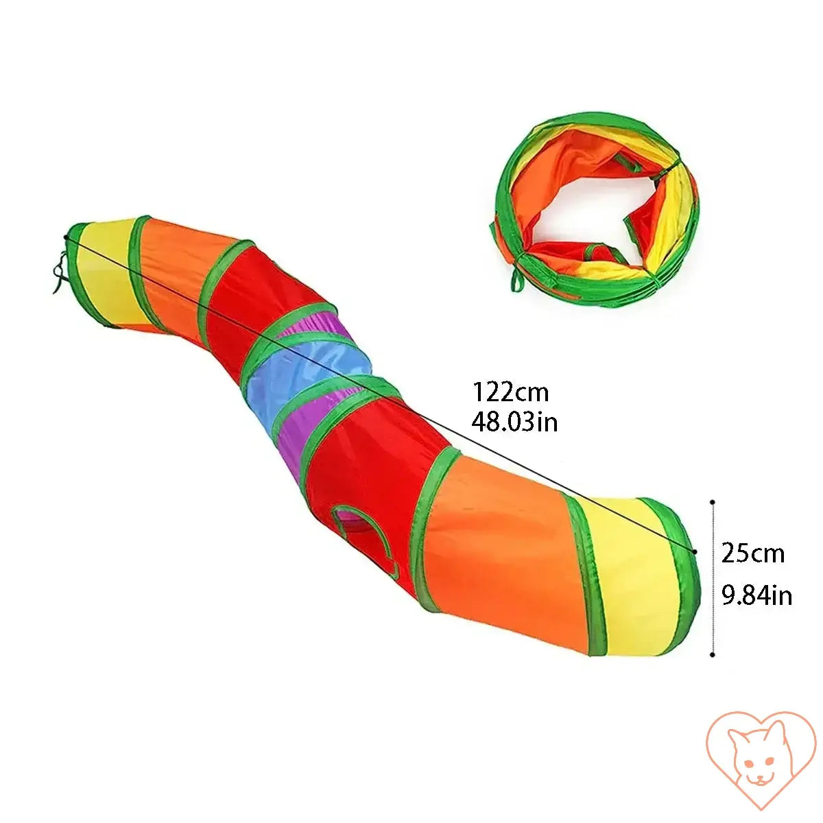 Colorful collapsible cat tunnel measuring 122cm x 25cm, ideal for indoor and outdoor cat play.