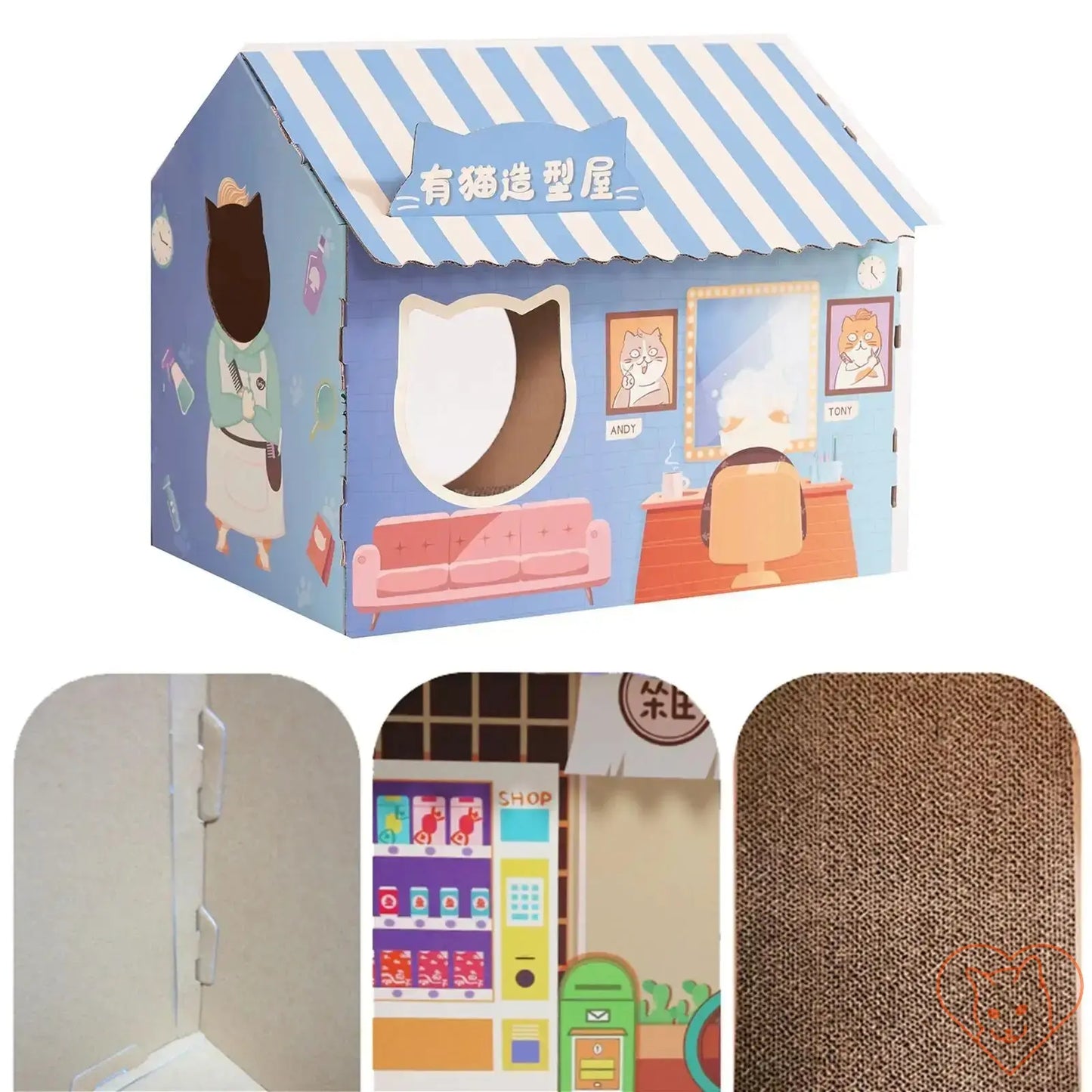 Colorful corrugated cardboard cat house with scratcher, featuring a charming design and cozy space for cats.