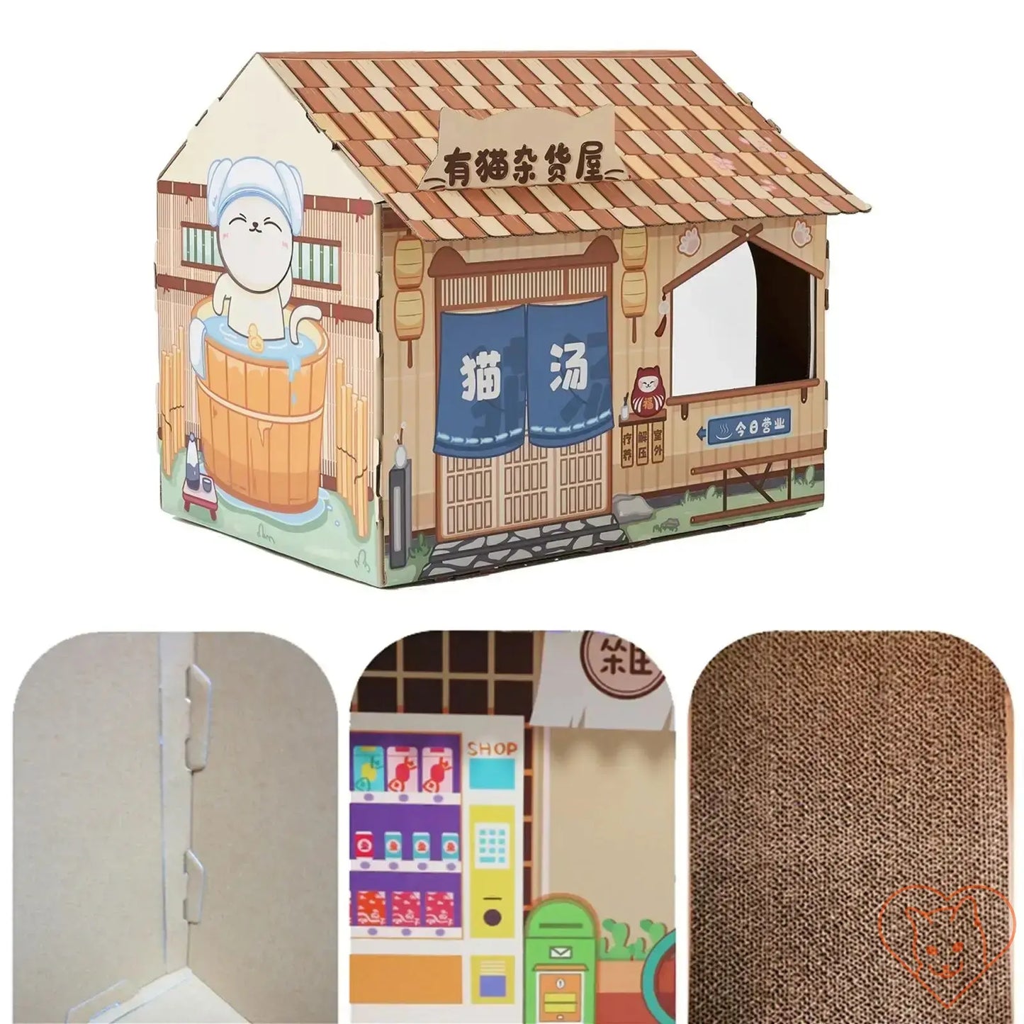 Colorful corrugated cardboard cat house with scratching pad and playful design for feline fun.