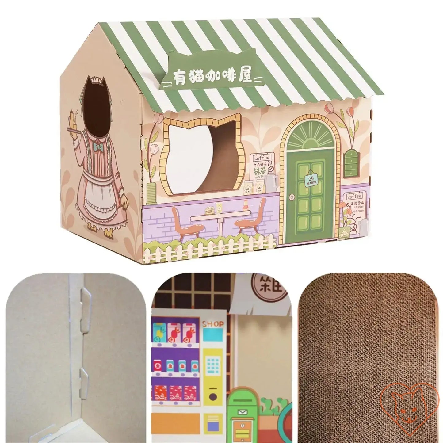 Corrugated cardboard cat house with scratcher featuring colorful design and cozy openings for play and rest.