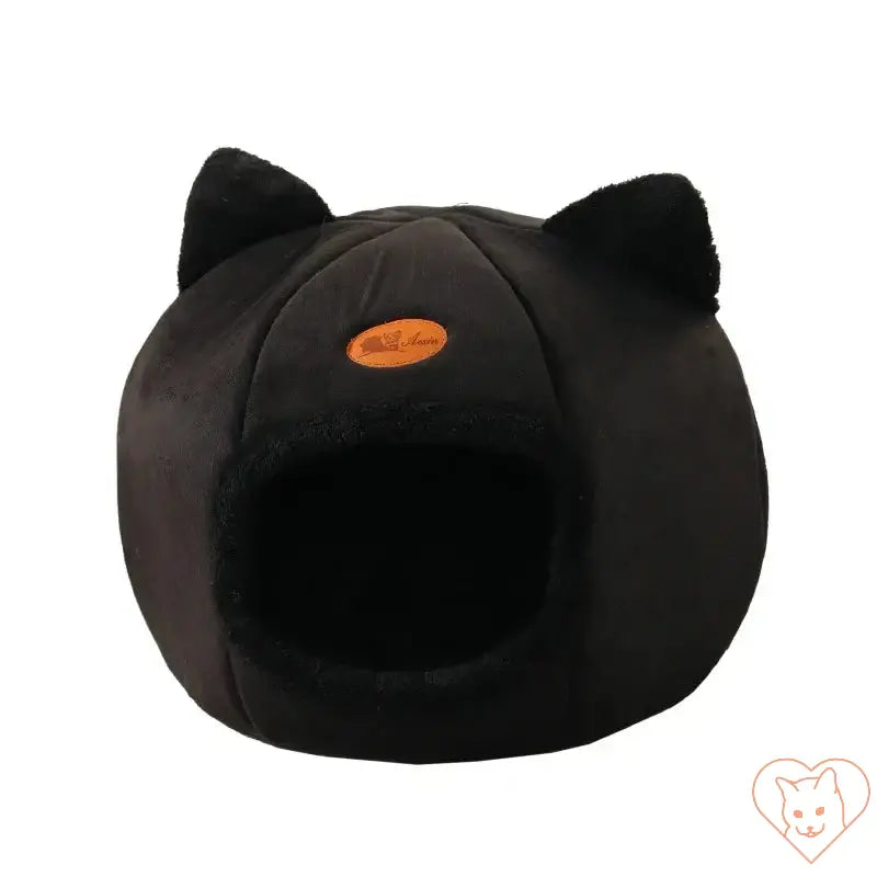 Cozy Winter Cat Cave Bed in black with ears, made from soft Velboa fabric for comfort and warmth.