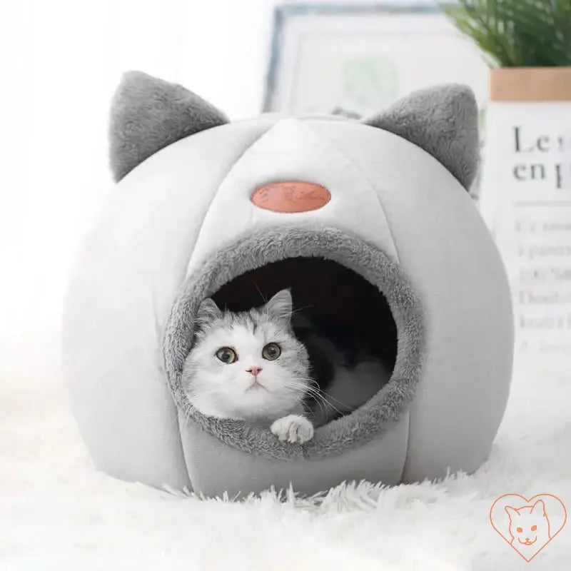 Cozy Winter Cat Cave Bed with a cat peeking out, made from soft Velboa fabric for ultimate comfort.