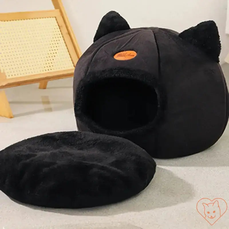 Cozy Winter Cat Cave Bed in black with detachable cushion, perfect for cats and small dogs.