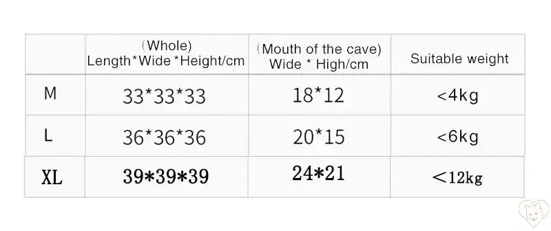 Size chart for Cozy Winter Cat Cave Bed showing dimensions and weight limits for M, L, and XL sizes.