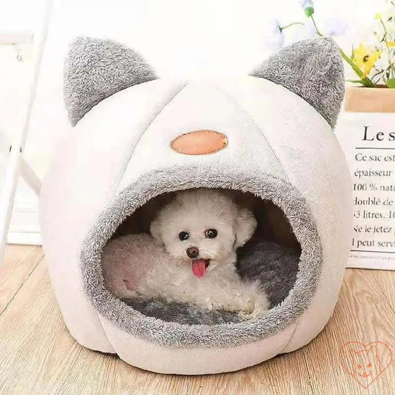 Cozy Winter Cat Cave Bed with cute ears, perfect for small dogs and cats, featuring plush fabric and a detachable cushion.