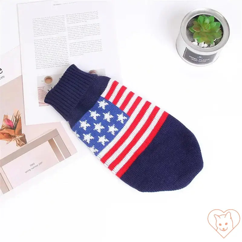 Cute cat sweater costume with American flag design, featuring red, white, and blue stripes and stars for pets.