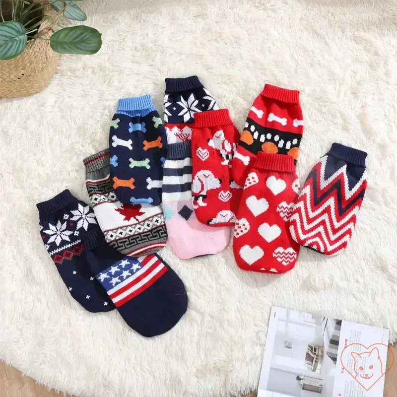 Colorful winter dog socks in various patterns including stripes, hearts, and snowflakes, displayed on a cozy rug.