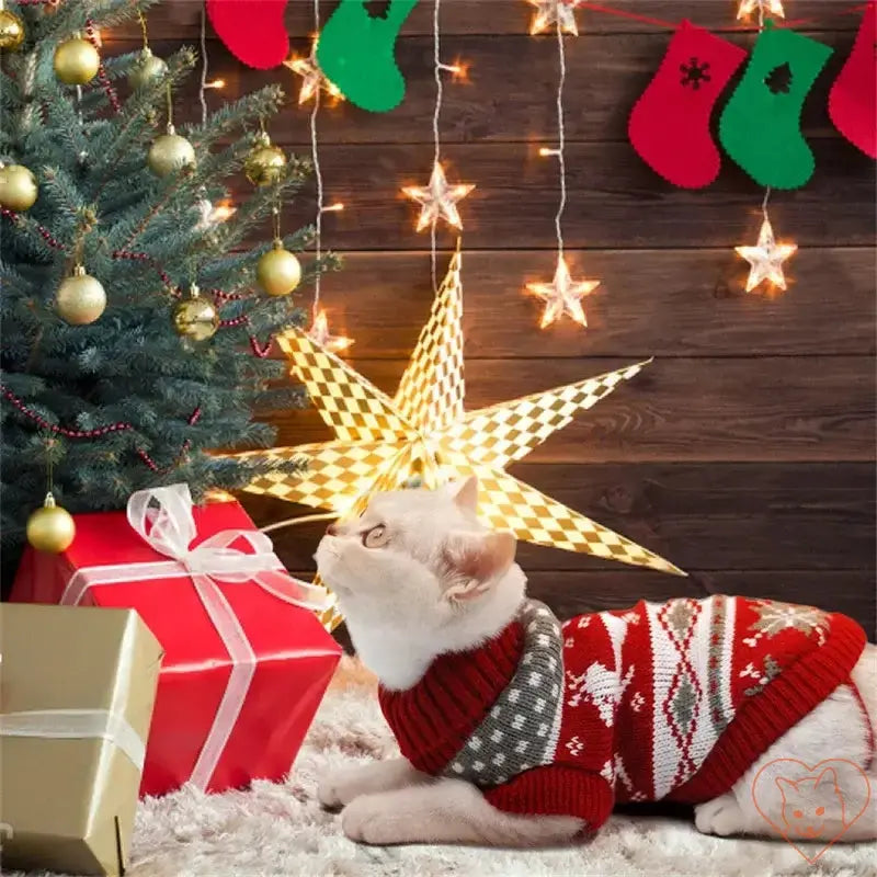 Cat in a cute red sweater near a decorated Christmas tree and gifts, celebrating winter festivities.