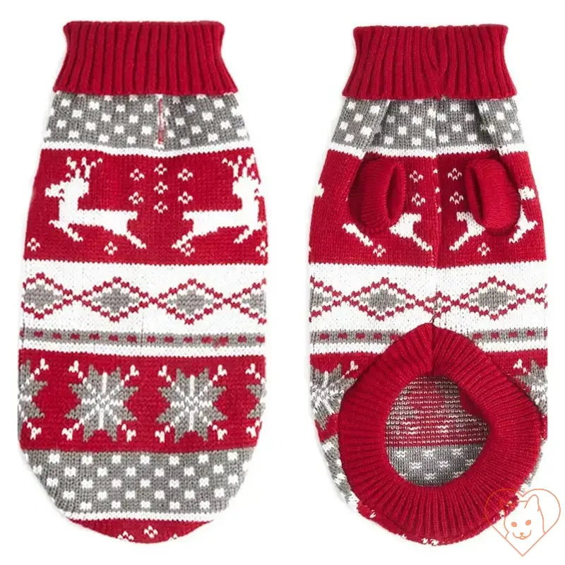 Red and gray knitted cat sweater with festive reindeer and snowflake patterns for winter warmth.