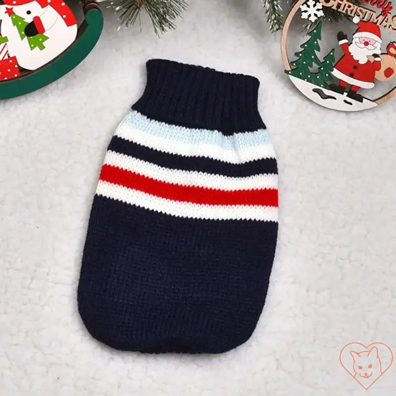 Cute navy cat sweater with colorful stripes, perfect for keeping pets warm during winter.