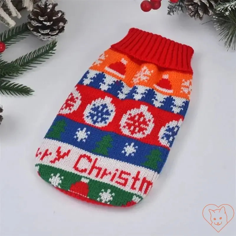 Colorful Christmas cat sweater with festive patterns, perfect for keeping pets warm during the holiday season.