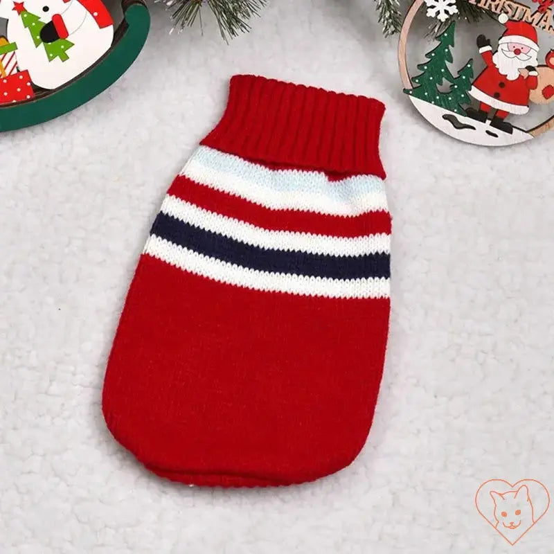 Cute red and white striped cat sweater, perfect for keeping your feline warm during winter.