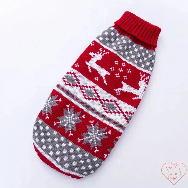 Cute red and grey knitted sweater for cats featuring reindeer and snowflakes, perfect for winter warmth.