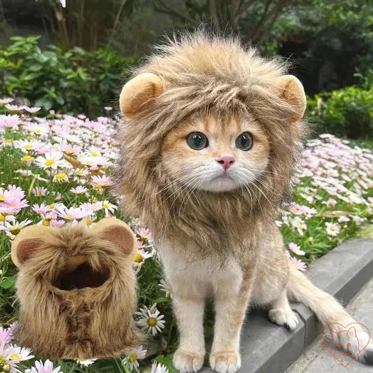 Adorable cat wearing a lion mane wig among flowers, showcasing a fun cosplay accessory for pets.