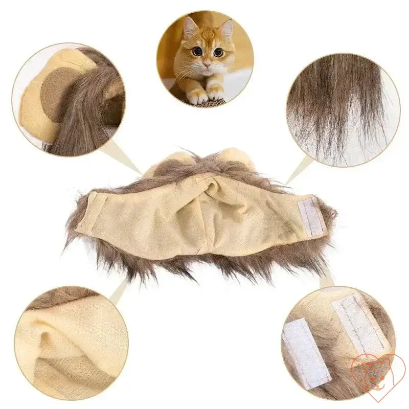 Cute Lion Mane Cat Wig showing soft polyester material, adjustable design, and playful cat, perfect for pets' fun cosplay.