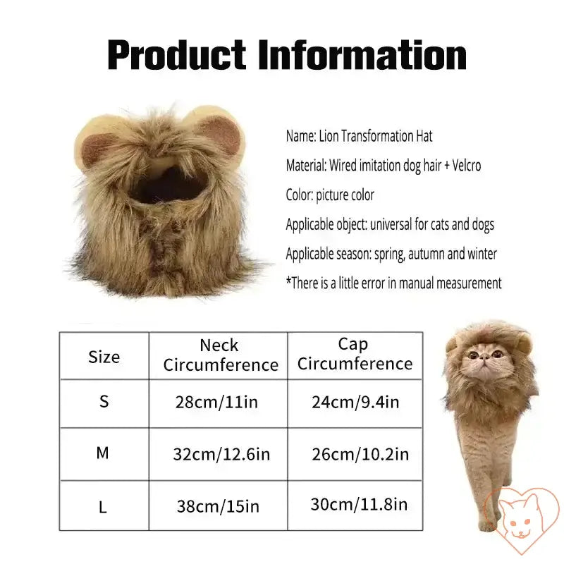 Cute Lion Mane Cat Wig product information with size chart for cats and dogs in spring, autumn, and winter.