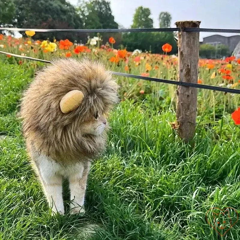 Cat wearing a cute lion mane wig in a flower field, perfect for cosplay and playful moments outdoors.