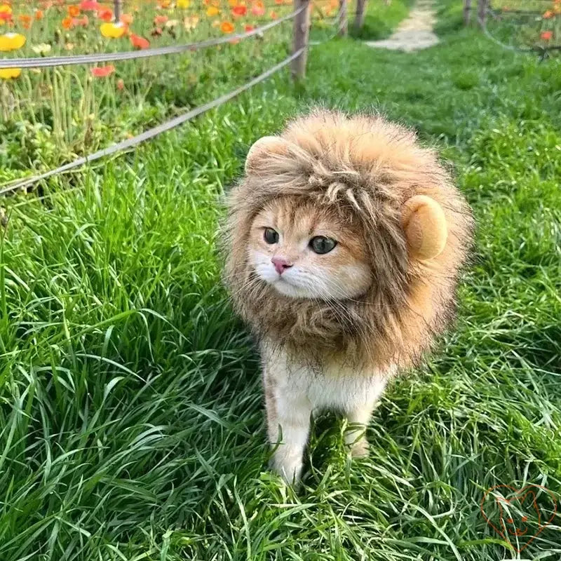 Cute cat wearing a lion mane wig walking in a grassy field with colorful flowers around.