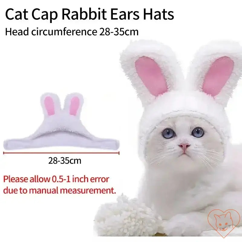 Cute cat wearing a soft rabbit ears hat designed for head circumferences 28-35 cm, perfect for playful costume fun.