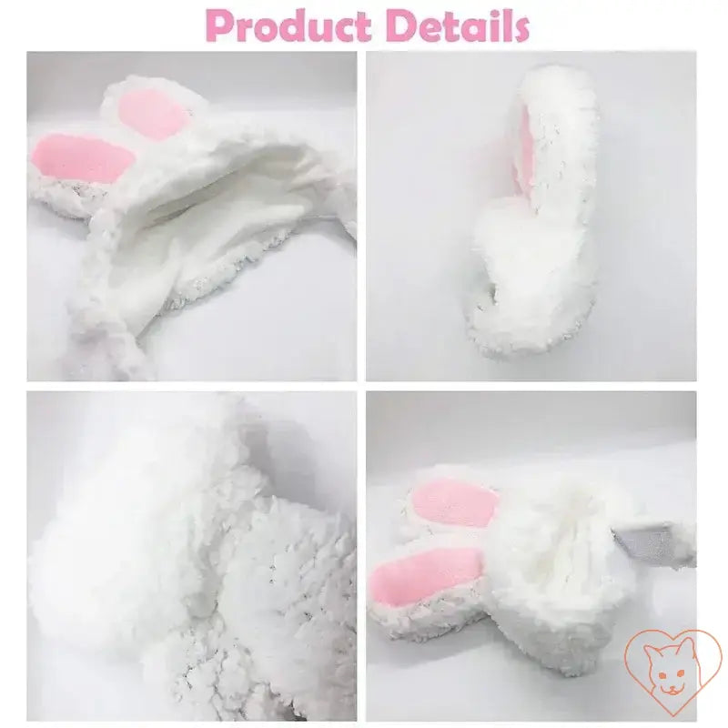 Soft white bunny ear hat with pink lining, showcasing product details and cozy design for playful use.