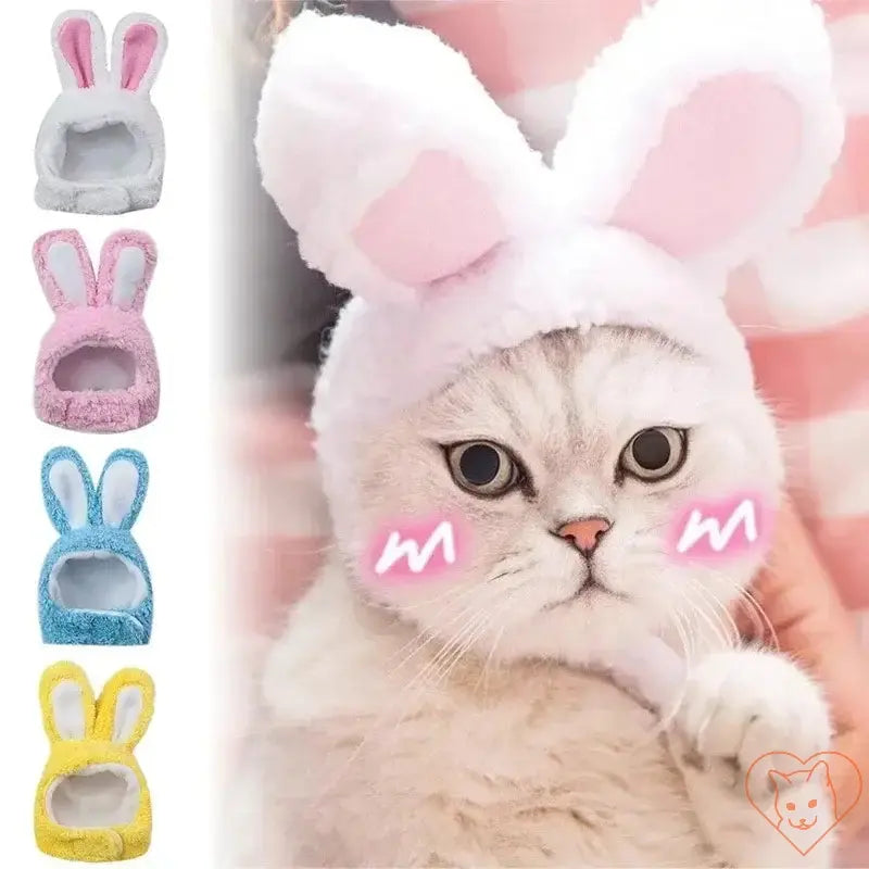 Adorable cat wearing a fluffy bunny hat, available in multiple colors for fun pet dress-up.