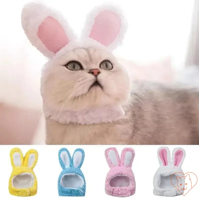 Cute cat wearing a fluffy bunny hat with colorful options in the foreground, perfect for pet costumes and festive fun.