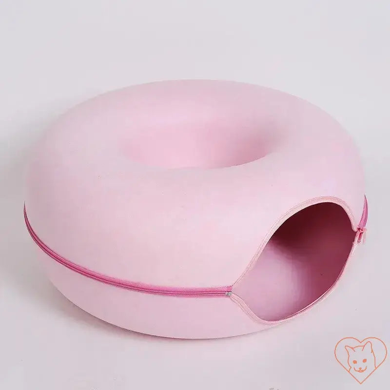 Pink donut cat bed with interactive tunnel design, made from premium wool felt, ideal for play and comfort.