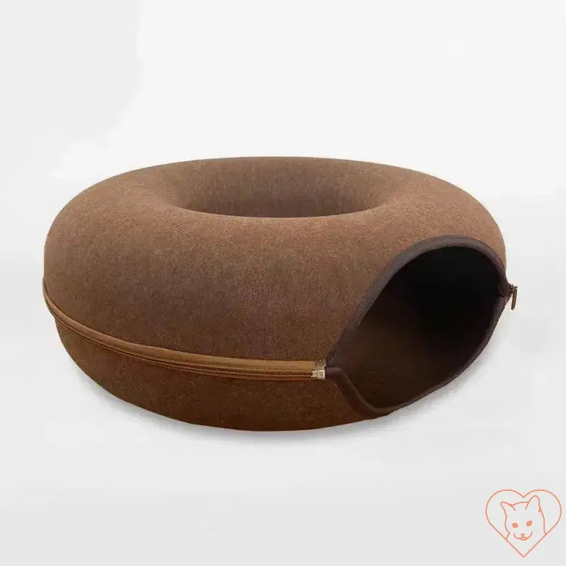 Donut cat bed with interactive tunnel, made from premium wool felt, perfect for play and cozy resting.