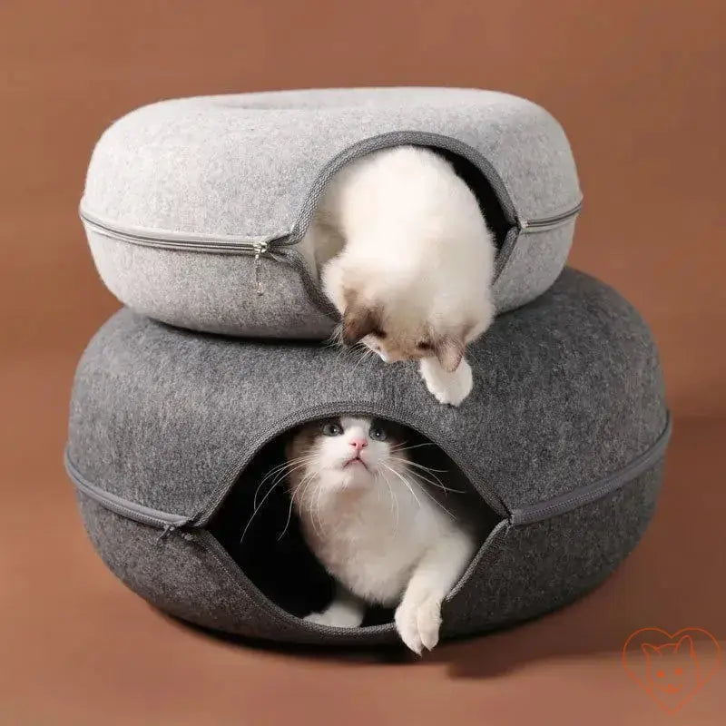 Two cats playing in a cozy donut cat bed with interactive tunnel design made of premium wool felt.