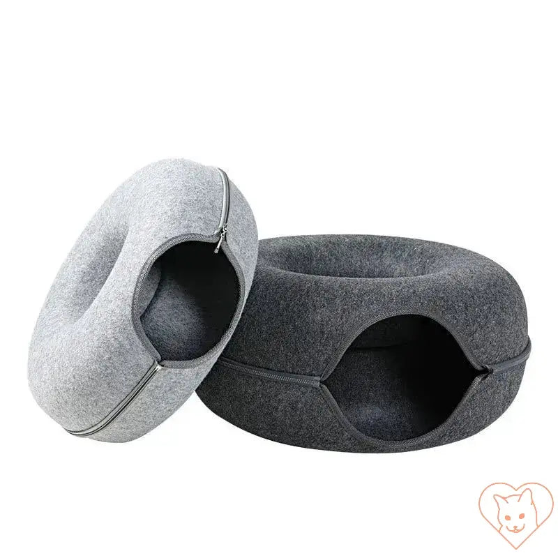 Gray wool felt donut cat bed with interactive tunnel design for play and comfort.