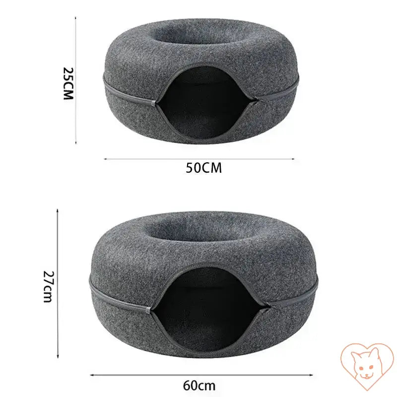 Donut Cat Bed dimensions showing interactive tunnel design, crafted from premium wool felt for comfort and play.