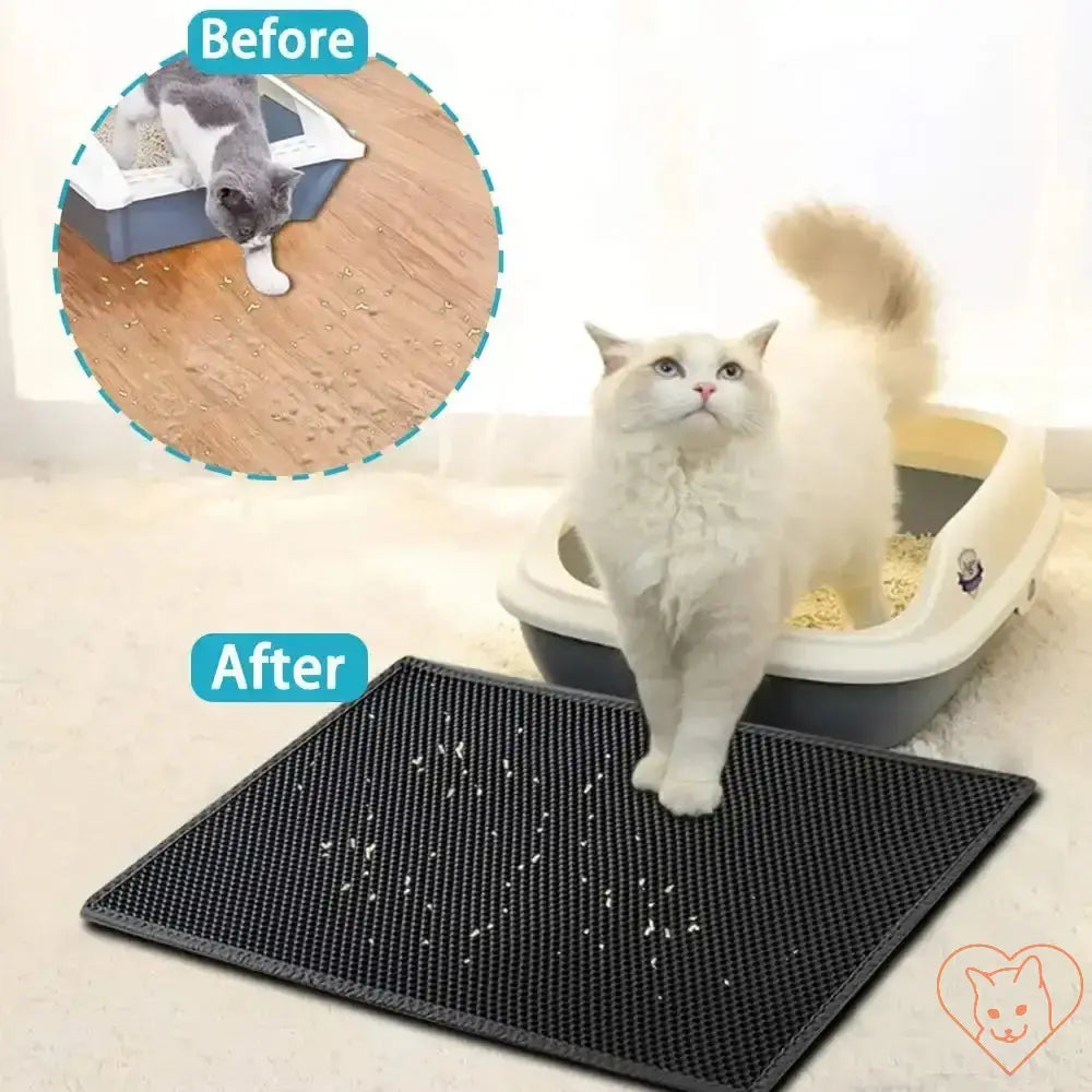 Before and after of a cat using a waterproof litter mat, showing reduced litter mess on the floor.