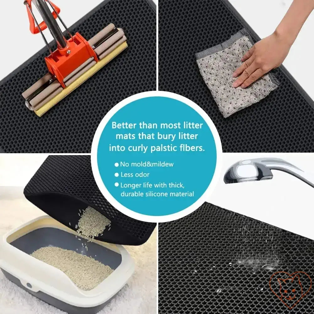 Double-layer waterproof cat litter mat showing effective litter trapping and easy cleaning features.