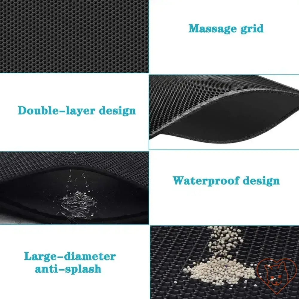 Features of Double-Layer Waterproof Cat Litter Mat: massage grid, waterproof, anti-splash, and effective litter trapping.