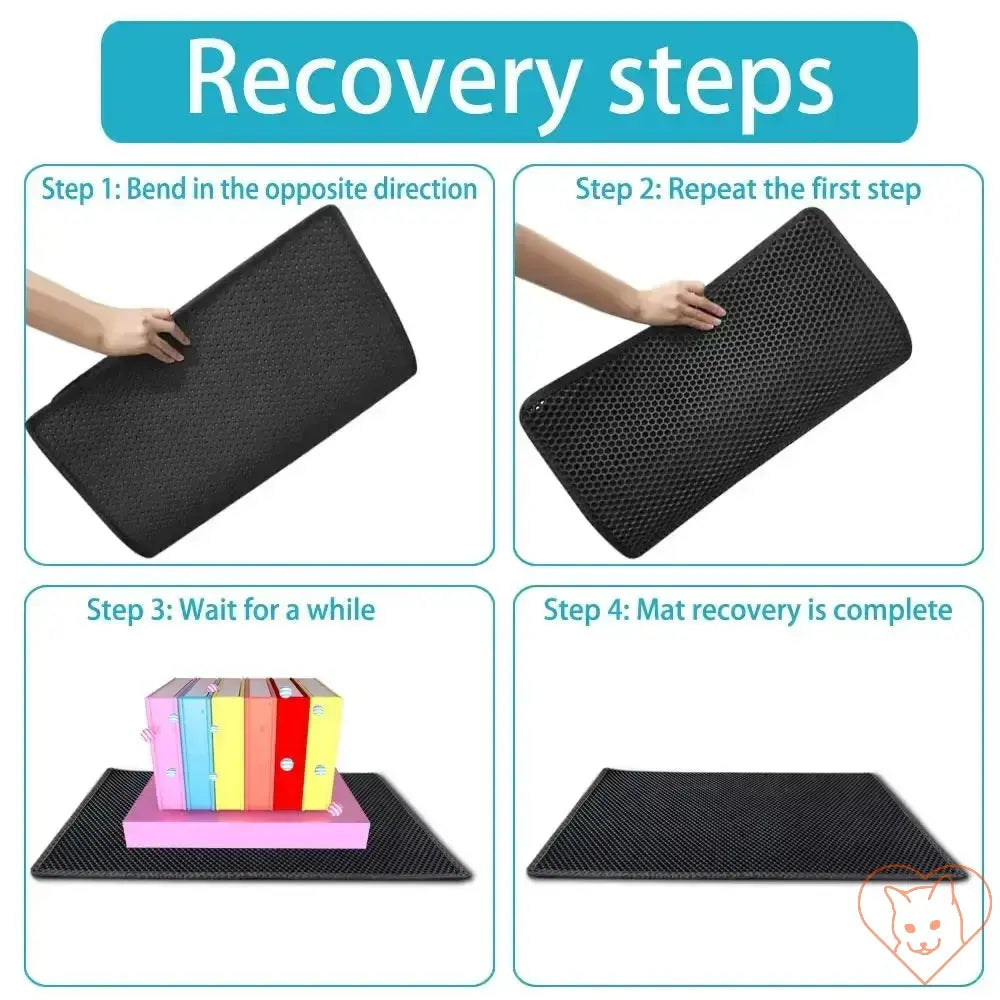 Illustration of recovery steps for a cat litter mat showing bending, waiting, and completion.