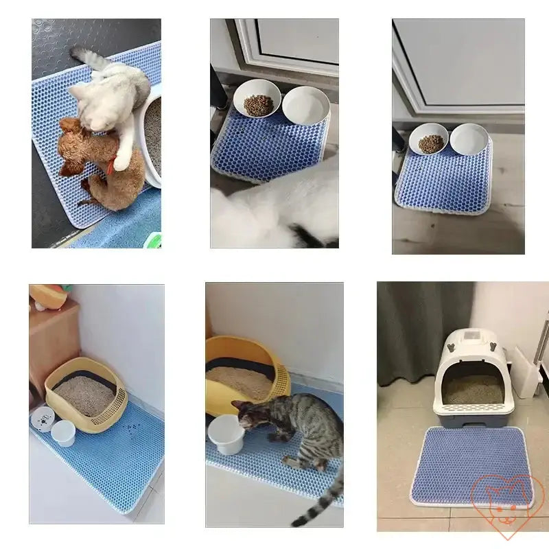 Collage of a blue waterproof cat litter mat in various settings, showcasing its non-slip design and practicality.