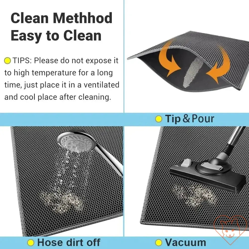 Instructions for cleaning double-layer waterproof cat litter mat: tip and pour, hose dirt off, or vacuum.