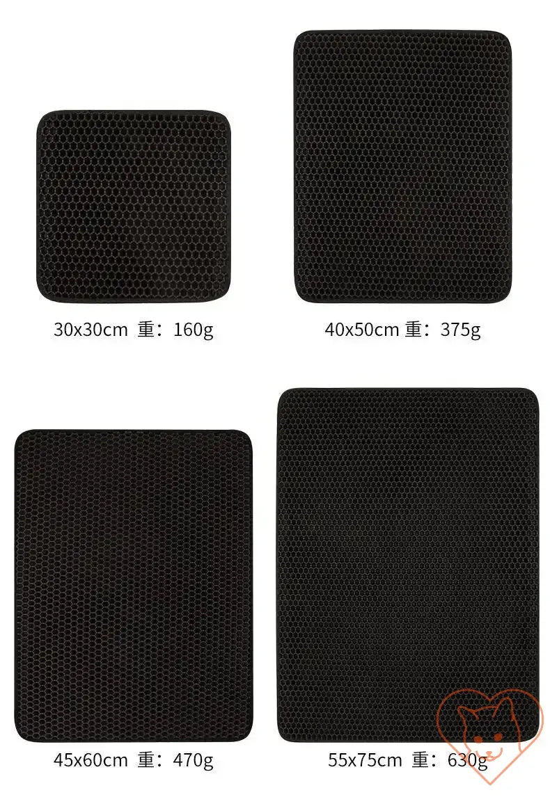 Various sizes of black cat litter mats, highlighting dimensions and weights for optimal litter control solutions.