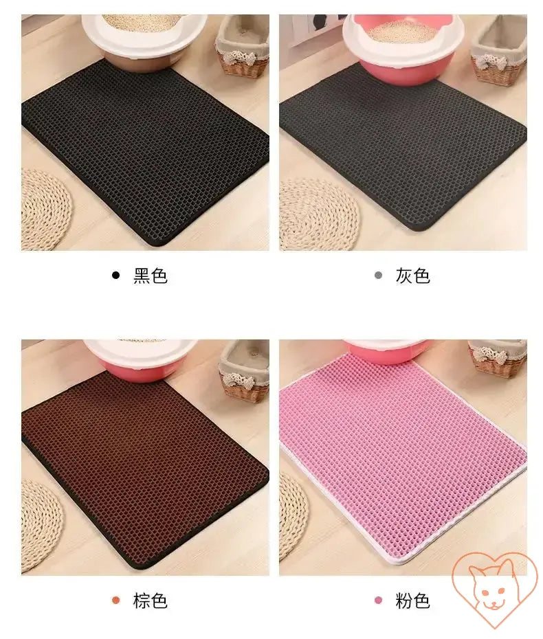 Four color variations of a double-layer waterproof cat litter mat: black, gray, brown, and pink, showcasing non-slip design.