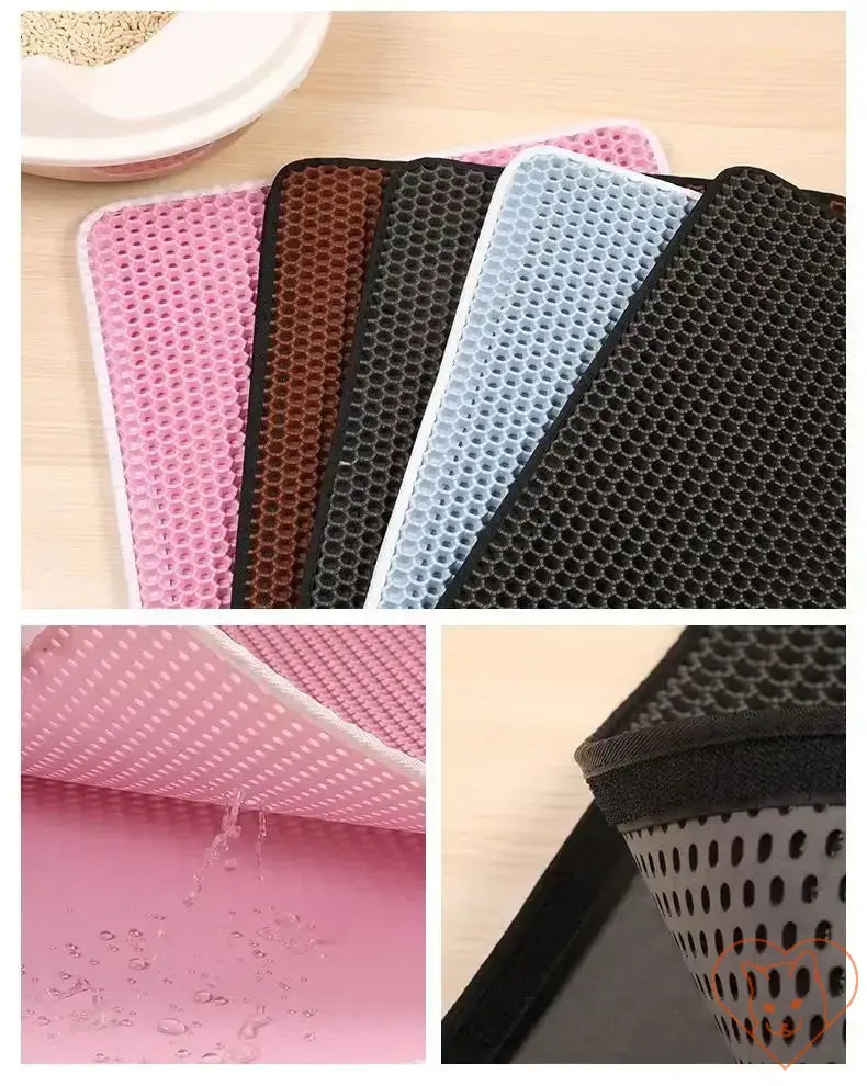 Colorful double-layer waterproof cat litter mats showing non-slip mesh and spill-resistant features.