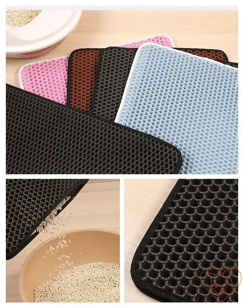 Assorted colors of double-layer waterproof cat litter mats for effective litter control and easy clean-up.