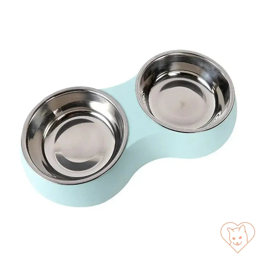 Double stainless steel pet food bowl in a turquoise plastic base for dogs and cats.