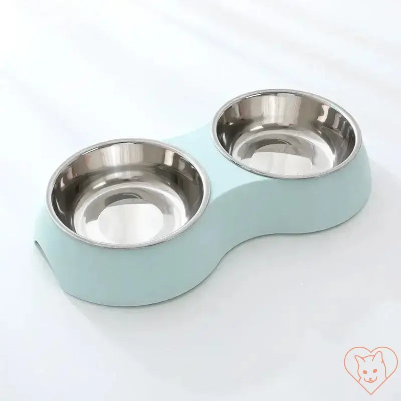 Double stainless steel pet food bowl with a light blue plastic base for dogs and cats.