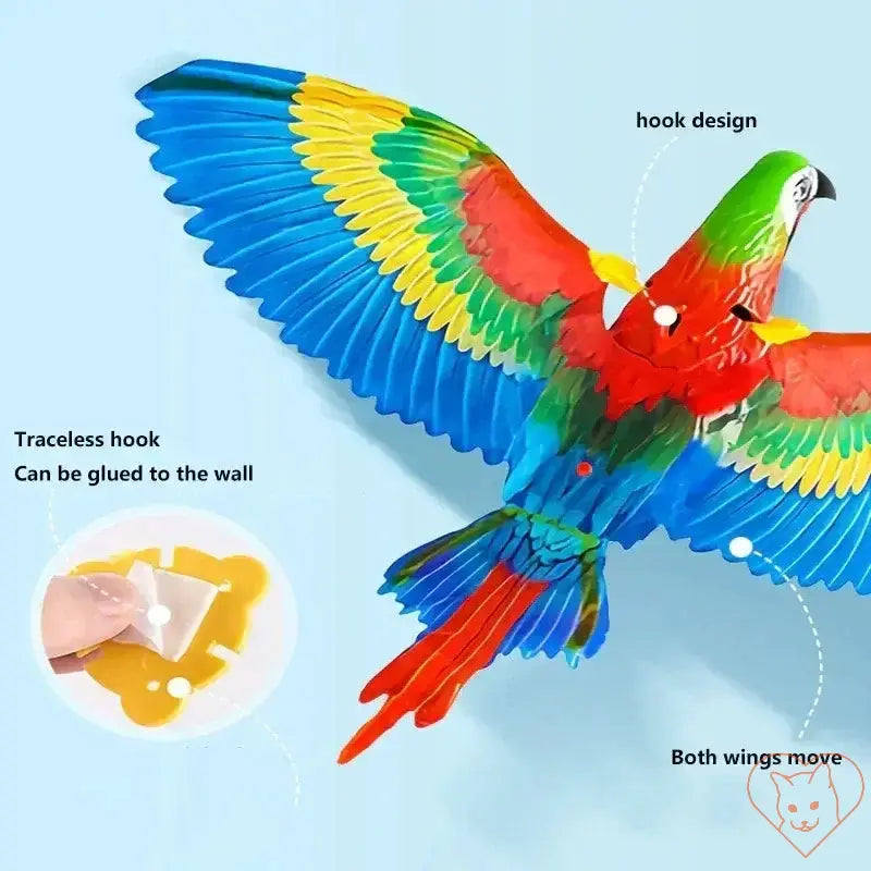 Colorful electric bird toy with movable wings and traceless hook design, perfect for indoor cat entertainment.