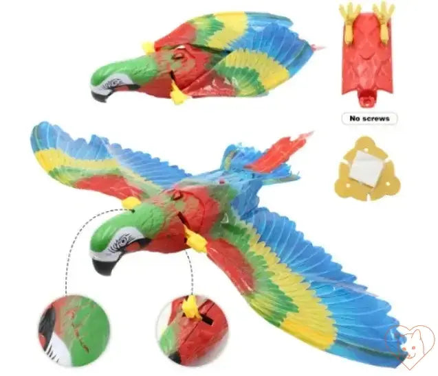 Colorful electric flying bird toy for cats, featuring realistic wings and easy attachment for interactive play.