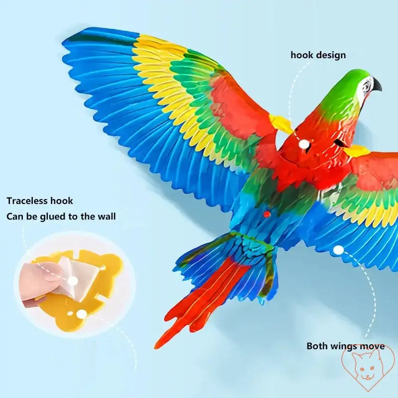 Colorful electric bird toy with hook design for interactive play and attachment to walls, perfect for cats.