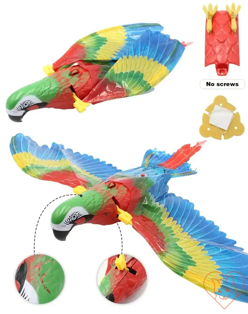 Colorful electric flying bird toy for cats, simulates real bird motion to engage feline playfulness.