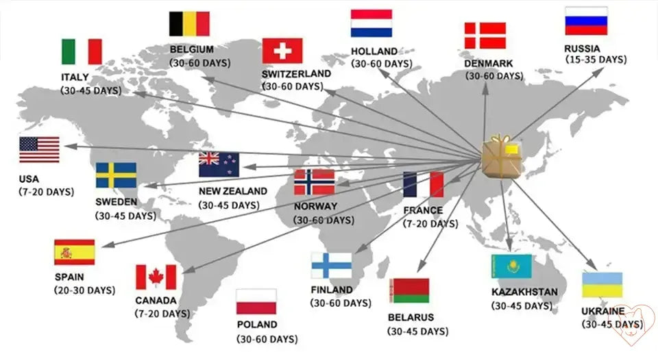 World map with country flags showing shipping times for various regions, including USA, Europe, and Asia.