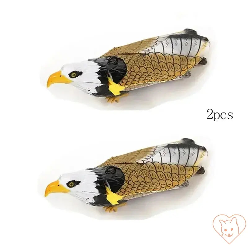 Two electric hanging bird toys designed for cat play, featuring realistic eagle-like designs in vibrant colors.