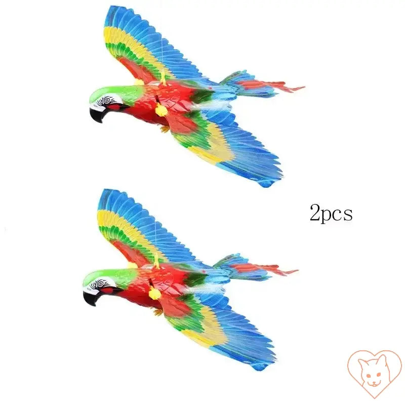 Colorful toy parrots in flight, perfect for cat play and interactive fun. Set of 2, vibrant design for engaging pets.